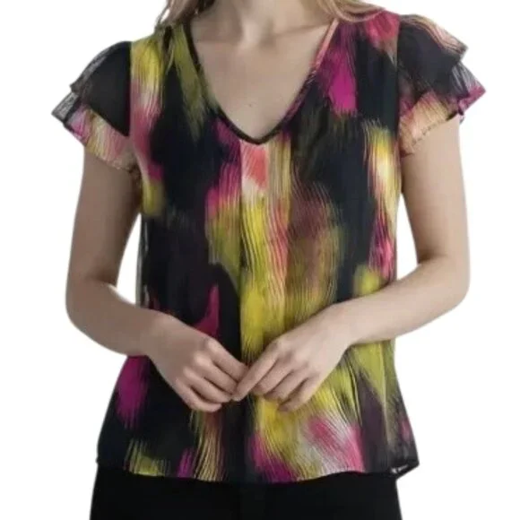 Worthington Petite Multi-color Abstract Sheer Cap Sleeve Blouse PL Colorful - Picture 3 of 12